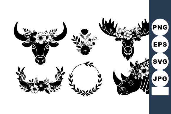 Animal Heads Decorated with Floral Wreat: Premium Graphics & Illustrations