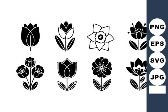 Black and White Floral Icons Set with Tu Graphics & Illustrations