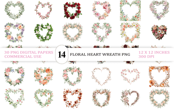 Elegant Floral Heart Wreath PNG Set for Graphics and Illustrations