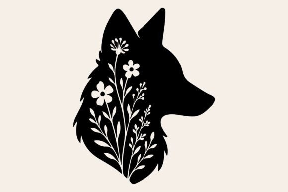Floral Fox Head Silhouette Clipart for Graphics and Illustrations