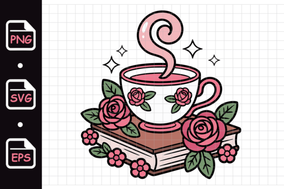 Floral Tea Cup on Book with Roses Graphics & Illustrations