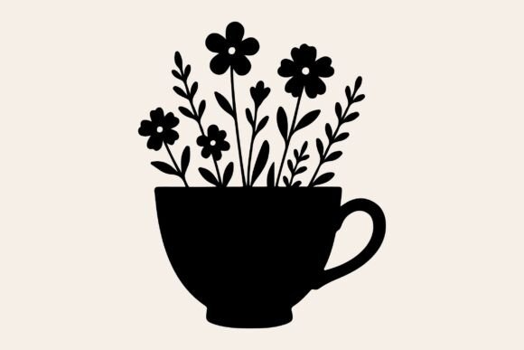Floral Tea Cup Svg Clipart Silhouette for Graphics and Illustrations