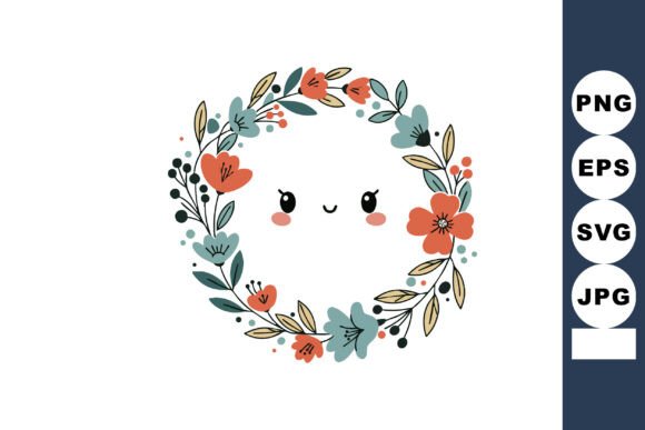 Floral Wreath with Cute Smiling Face Vec Graphics for Illustrations