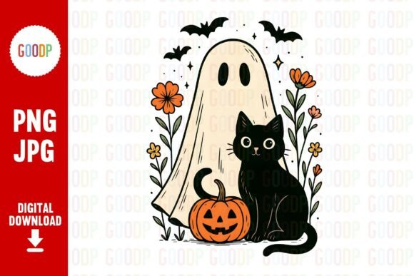Ghost Black Cat Halloween Floral Png Graphics and Illustrations Review