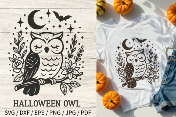 Halloween Owl SVG Floral Bat Moon Art Graphics and Illustrations
