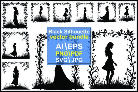 Silhouette Frames with Women and Floral Graphics for Illustrations