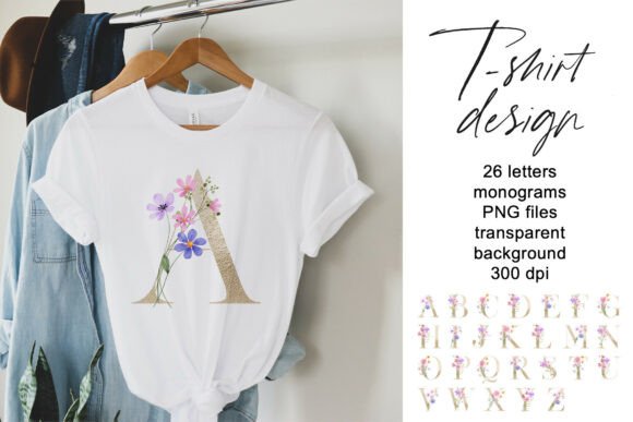 T-shirt Design with Floral Gold Monogram for Graphics and Illustrations