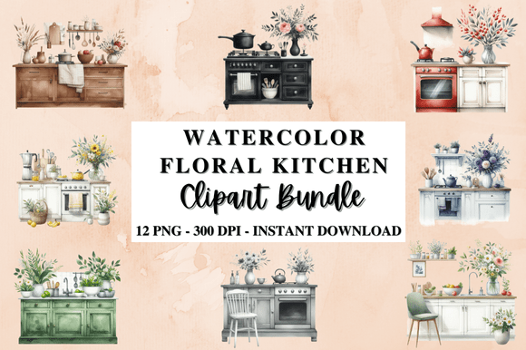 Watercolor Floral Kitchen Clipart Bundle for Graphics and Illustrations