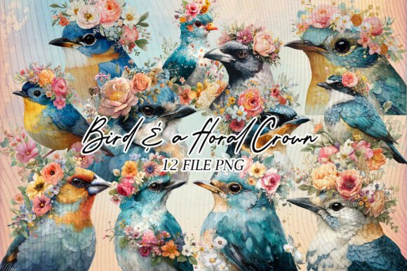 Whimsical Bird Floral Crown Flower Graphics and Illustrations